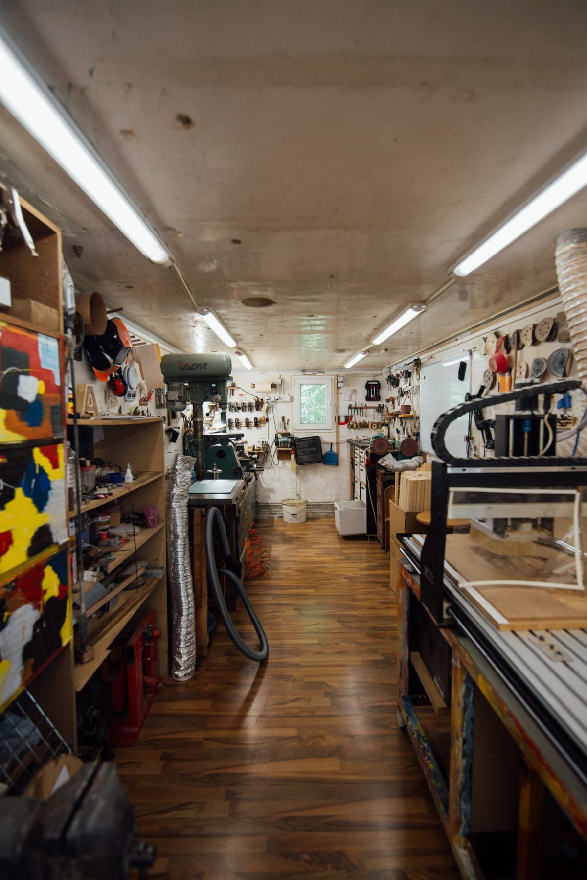 Garage workshop with benches and tools